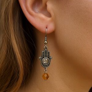 Hamsa Dangle Earrings Silvertone Clear spinner bead fish hook wire 1”